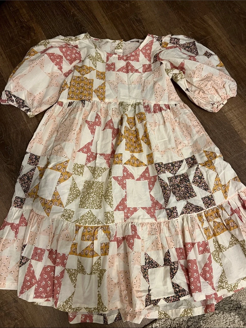 H&M Patchwork Star Print Dress in Pink, Mustard, Olive, Black and Cream